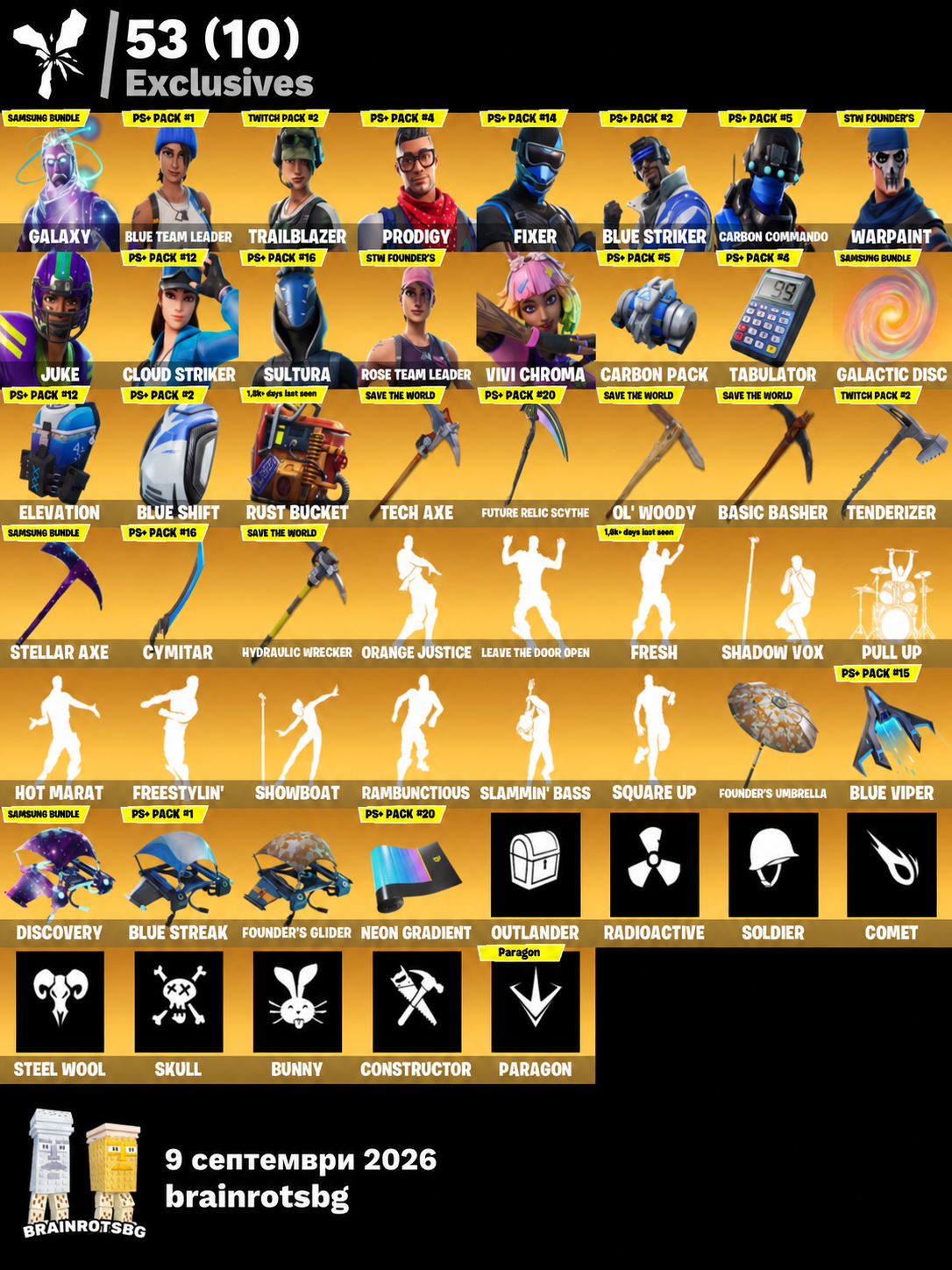 39 skins | OG STW | Galaxy | Blue Team Leader | Trailblazer | Prodigy | Fixer | Blue Striker | Carbon Commando | Juke | Cloud Striker | Sultura | 50 VB FA