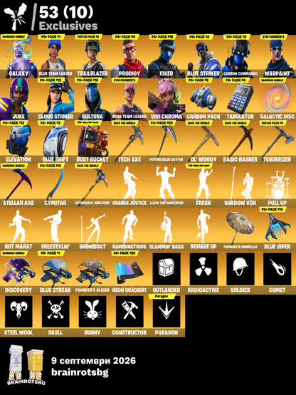 39 skins | OG STW | Galaxy | Blue Team Leader | Trailblazer | Prodigy | Fixer | Blue Striker | Carbon Commando | Juke | Cloud Striker | Sultura | 50 VB FA