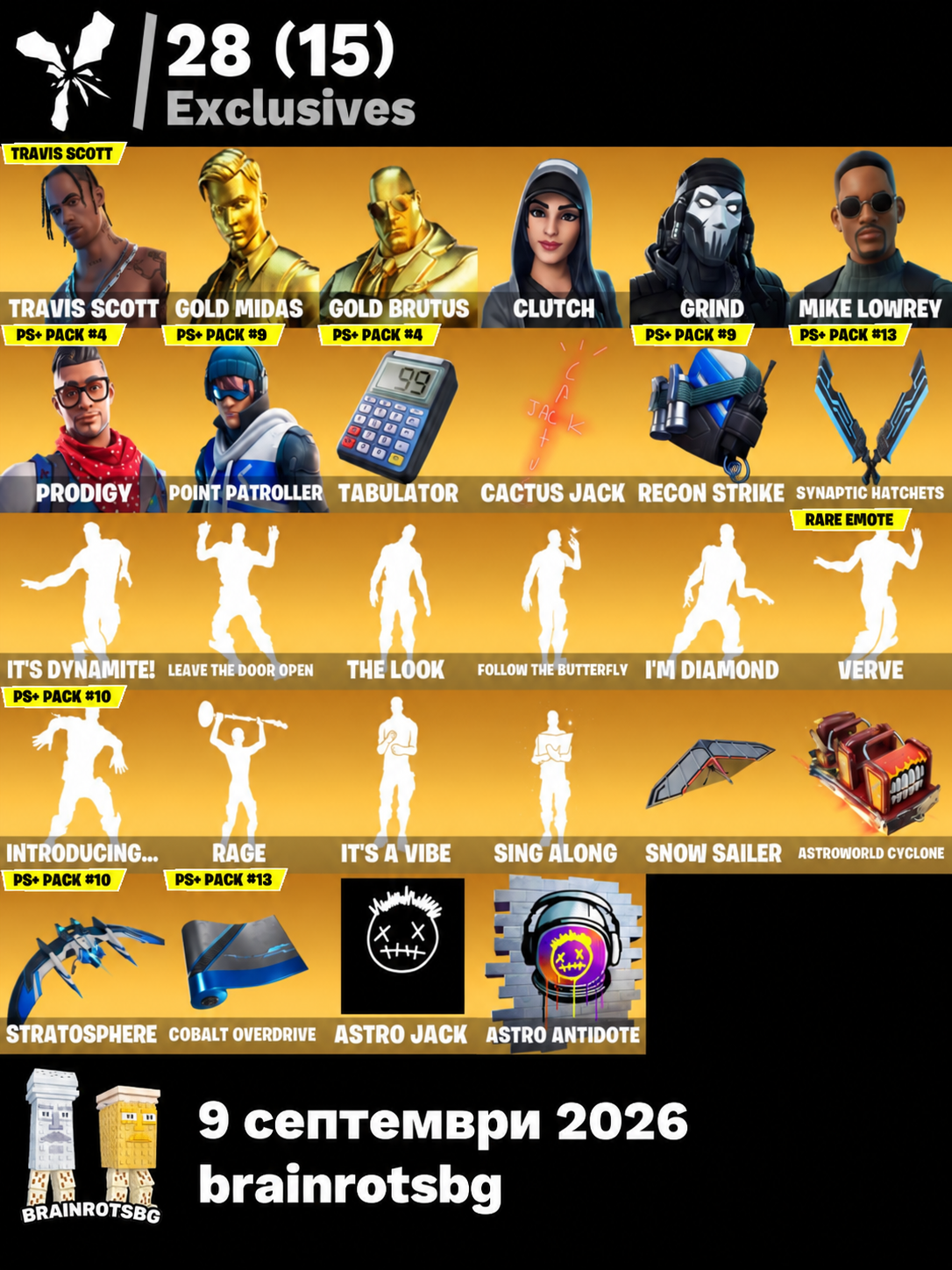 196 skins | Travis Scott | Gold Midas | Gold Brutus | Clutch | Grind | Mike Lowrey | Prodigy | Point Patroller | Raz | The Origin | 50 VB